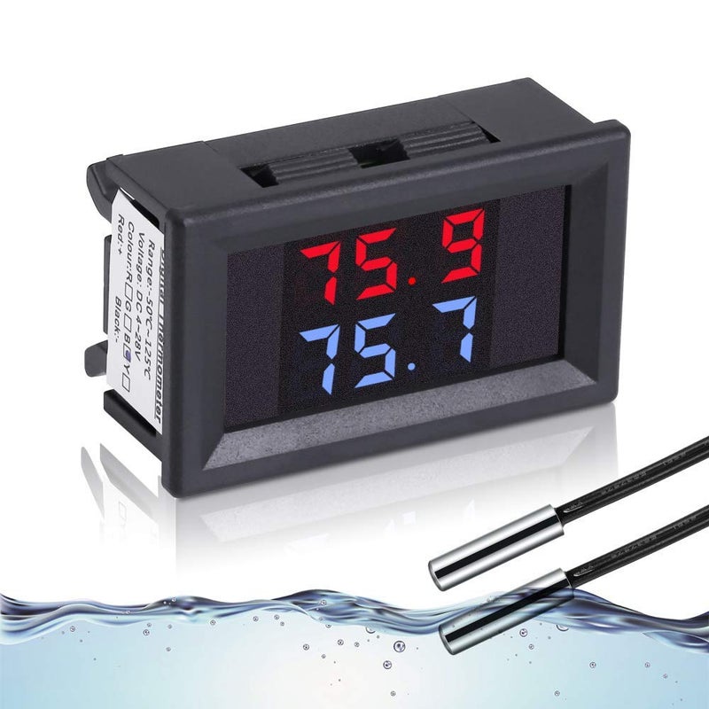 IS Icstation Digital Thermometer, Car Auto Temperature Gauge Sensor, DC 4-28V Fahrenheit Dual Display, Monitor with 2 NTC Waterproof Probes for Aquarium Vehicle Fish Tank - Image 1
